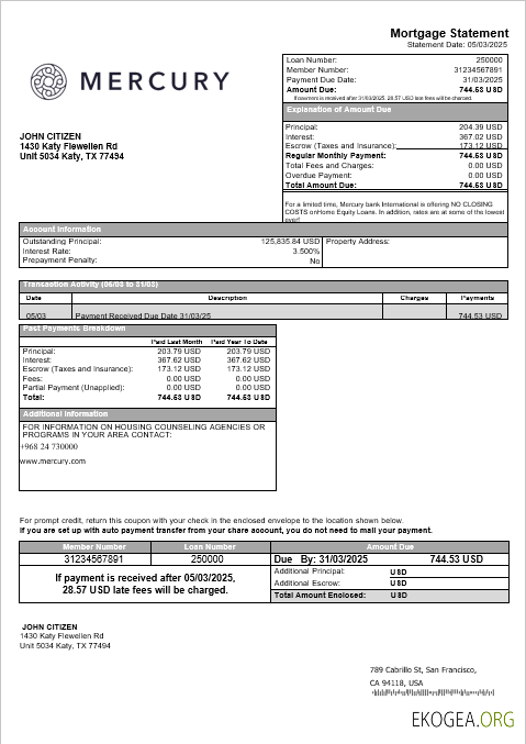 USA CA San Francisco Relevé hypothécaire de la banque Mercury aux formats Word et PDF